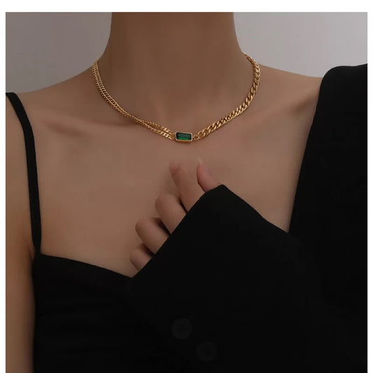 Golden Eva Emerald Stainless Steel Chain Necklace