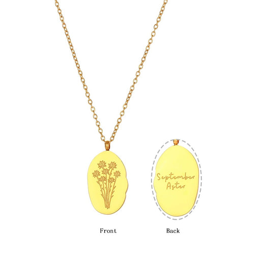 Gold tone Steel Reversible Birth Flower Pendant Chain Necklace