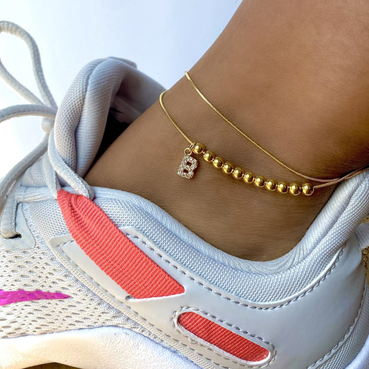 Golden Little Beads Initial Chain Anklet