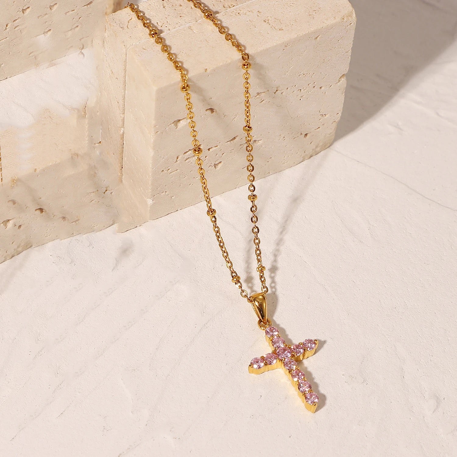 Jeweled Rosy Cross Necklace Golden Rose Cross Stainless Steel