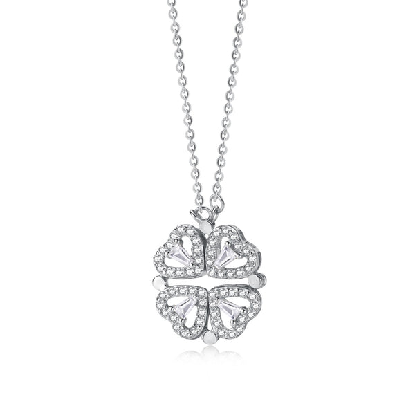 Magnetic Love Heart Pendant Necklace - Double-Sided, Cubic Zirconia, Silver Tone