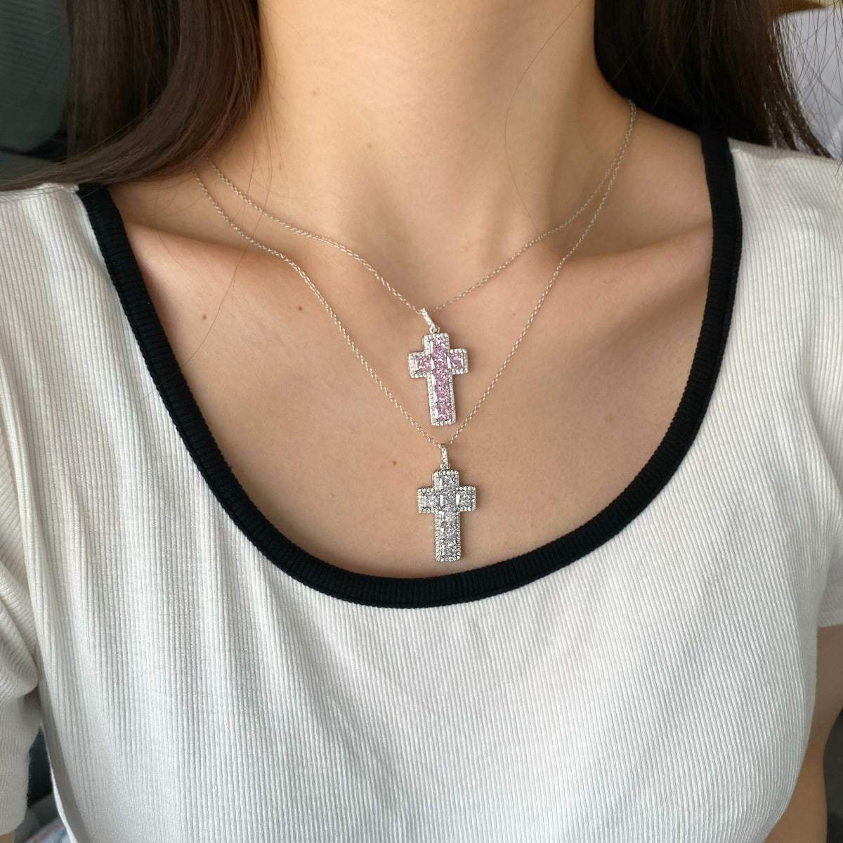 Icy Cross Necklace- Pink