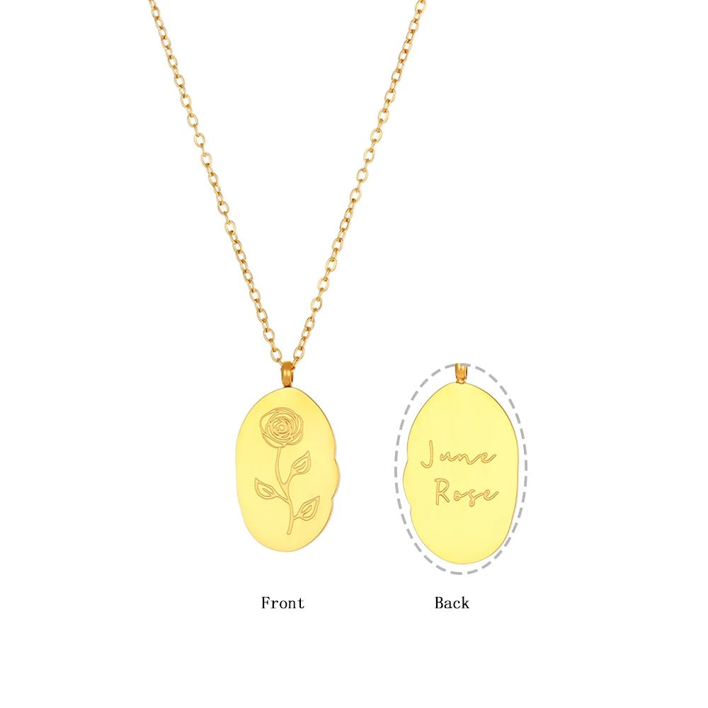 Gold tone Steel Reversible Birth Flower Pendant Chain Necklace