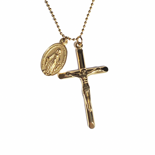 Gold tone 43 cm Stainless Steel Cross Virgin Mary Chain Necklace
