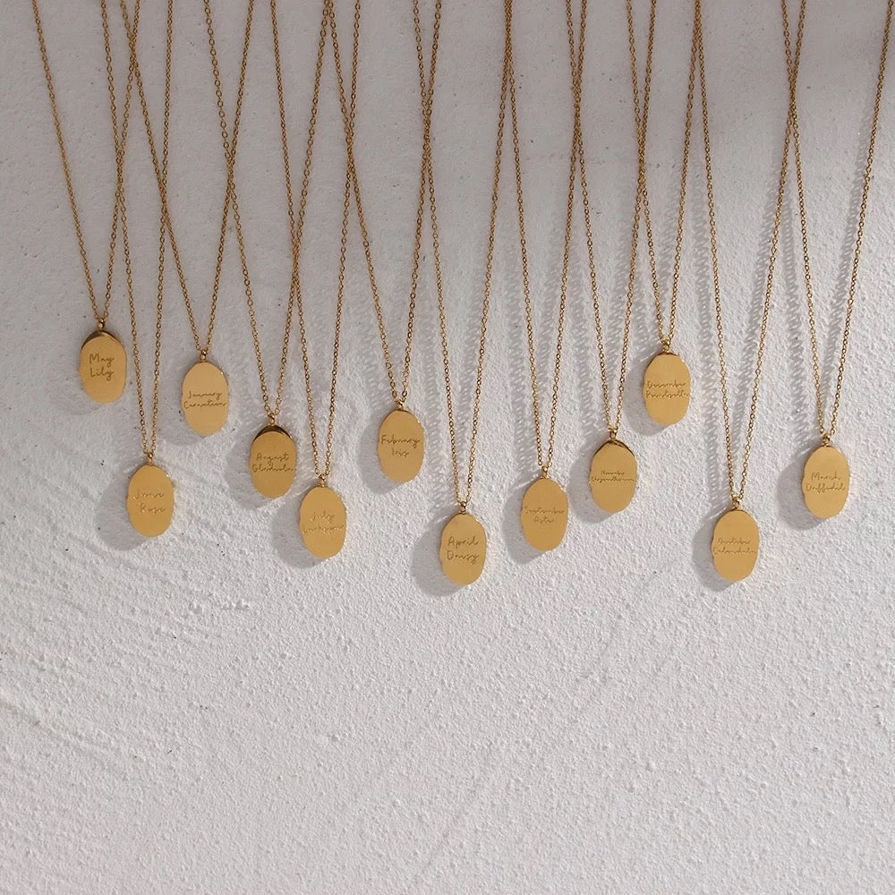 Gold tone Steel Reversible Birth Flower Pendant Chain Necklace
