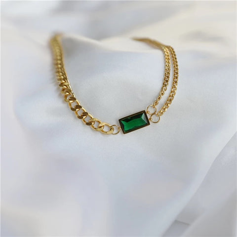 Golden Eva Emerald Stainless Steel Chain Necklace