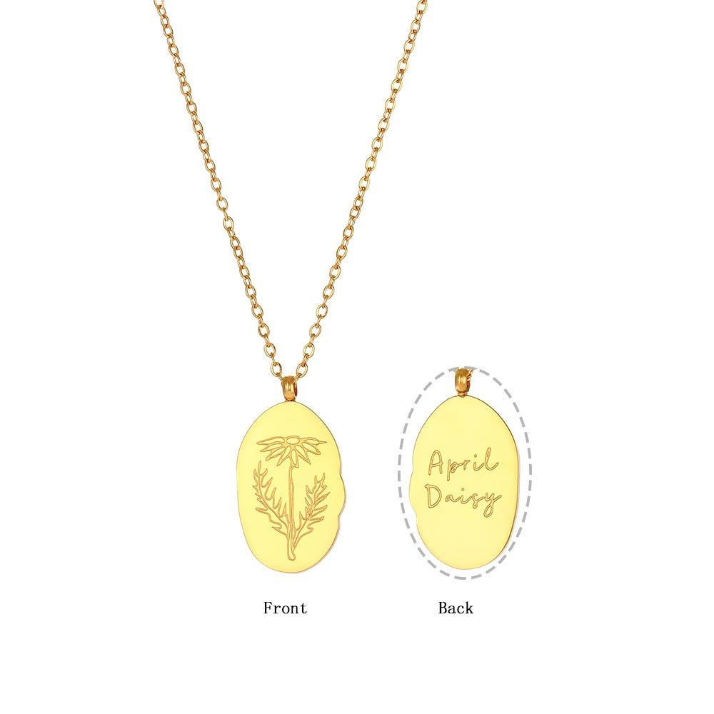 Gold tone Steel Reversible Birth Flower Pendant Chain Necklace