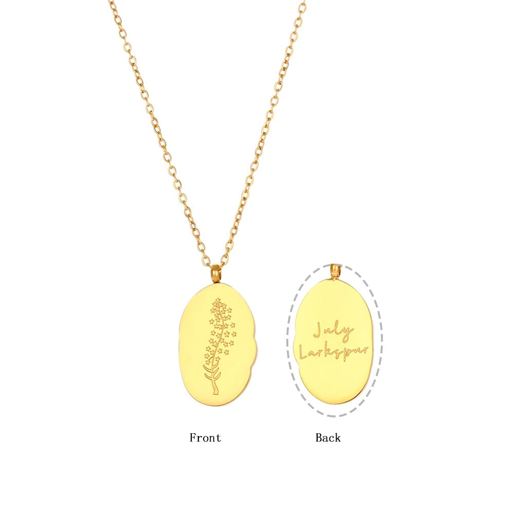 Gold tone Steel Reversible Birth Flower Pendant Chain Necklace