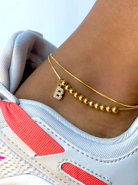 Golden Little Beads Initial Chain Anklet