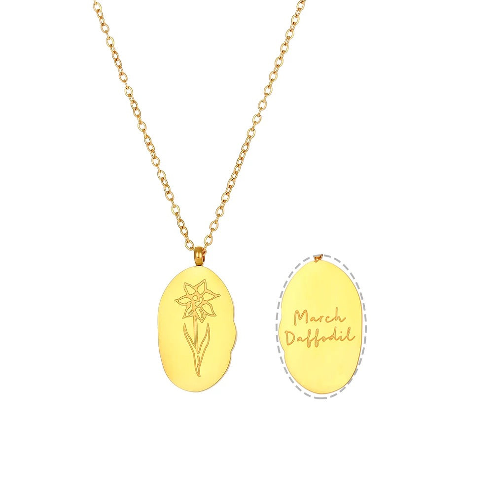 Gold tone Steel Reversible Birth Flower Pendant Chain Necklace