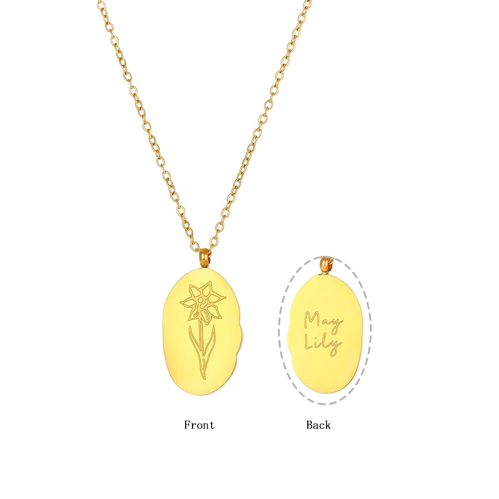 Gold tone Steel Reversible Birth Flower Pendant Chain Necklace