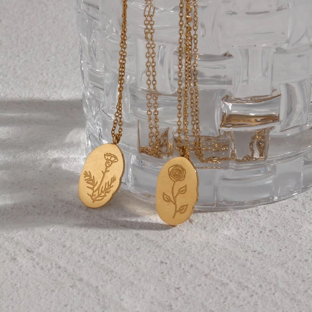Gold tone Steel Reversible Birth Flower Pendant Chain Necklace
