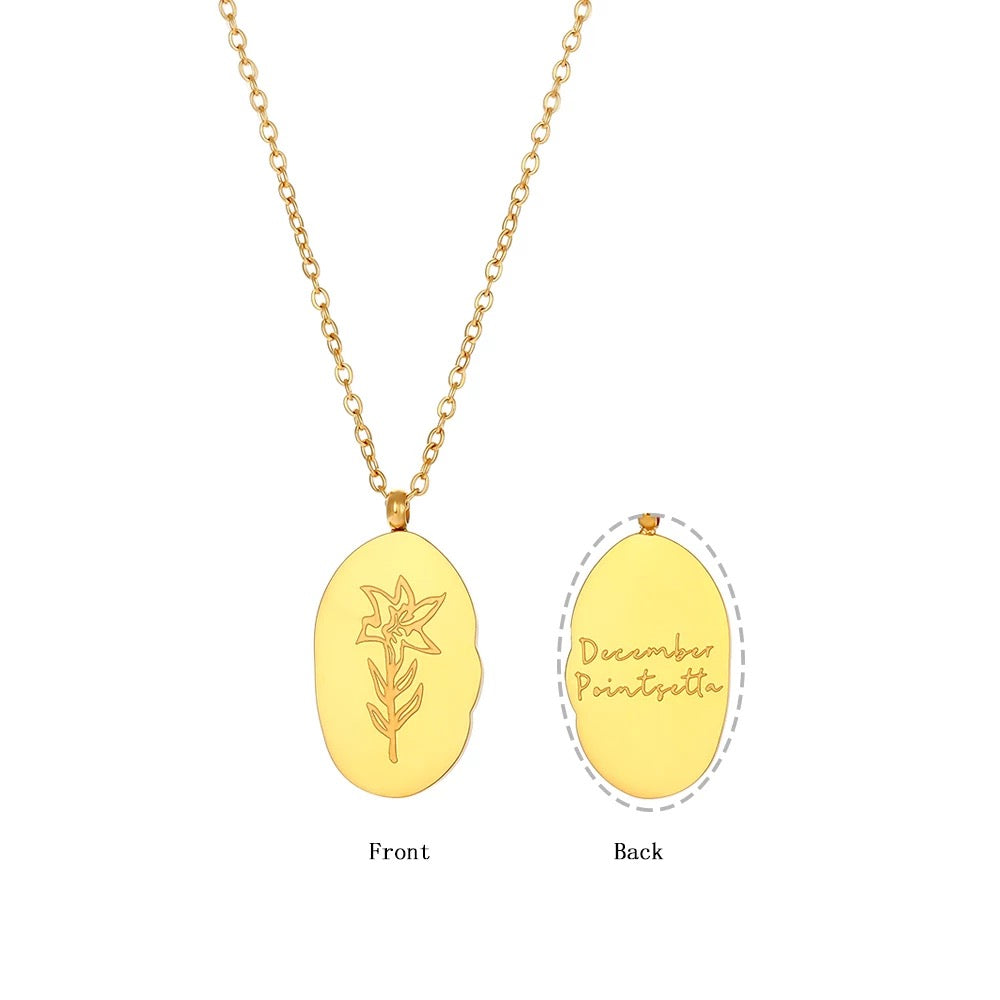 Gold tone Steel Reversible Birth Flower Pendant Chain Necklace
