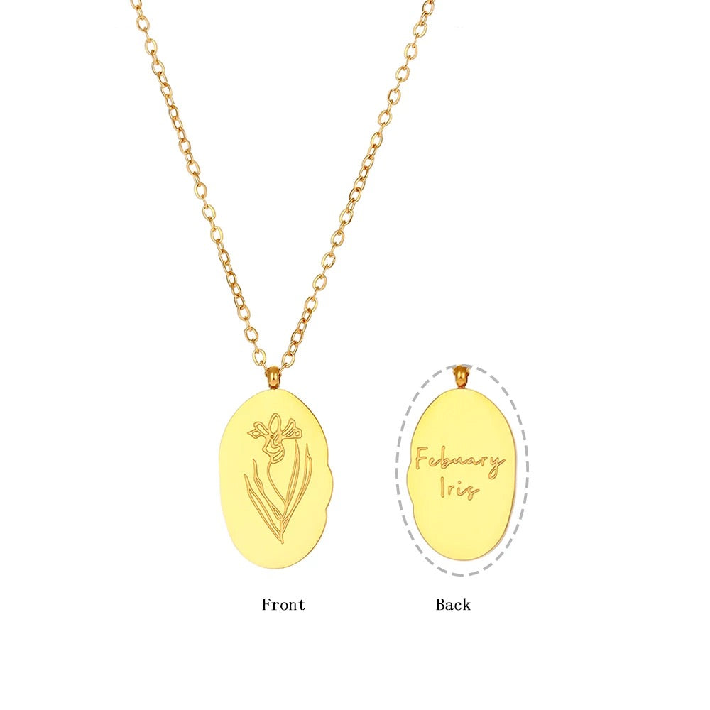 Gold tone Steel Reversible Birth Flower Pendant Chain Necklace