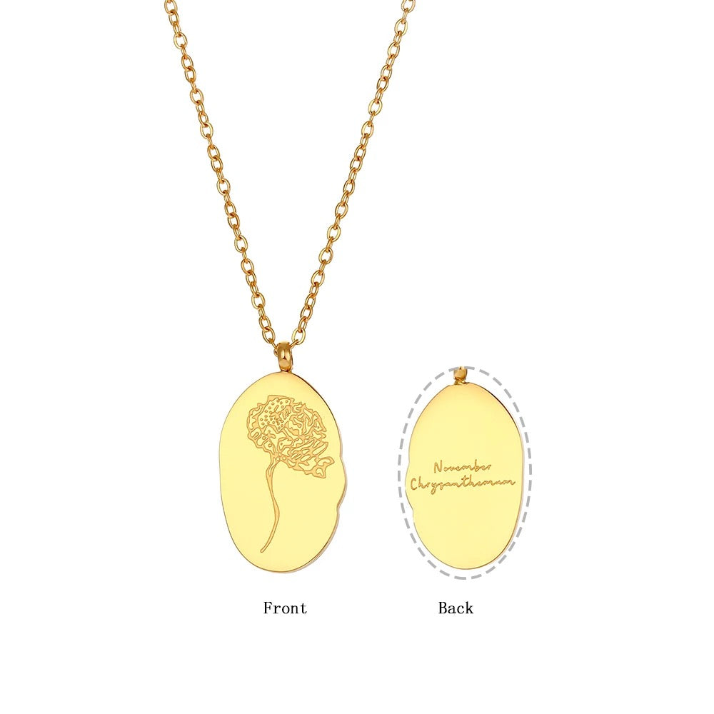 Gold tone Steel Reversible Birth Flower Pendant Chain Necklace